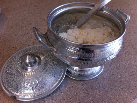 You'll find these rice serving bowls in Asian markets, modeled on traditional ones made of hammered silver.